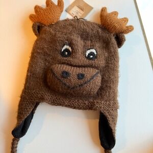 Andes Gifts Kids Alpaca Blend Moose Earflap Hat Brown Fleece Lined Beanie NEW